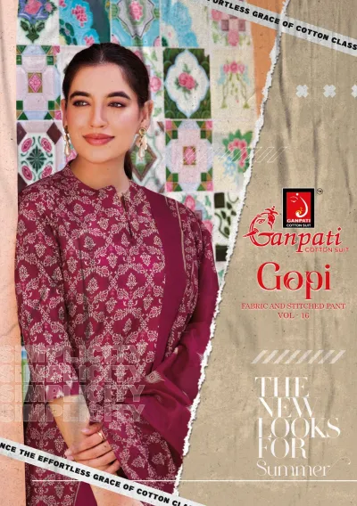 Ganpati Gopi Vol 16 catalog cover with a model wearing a printed maroon cotton suit.