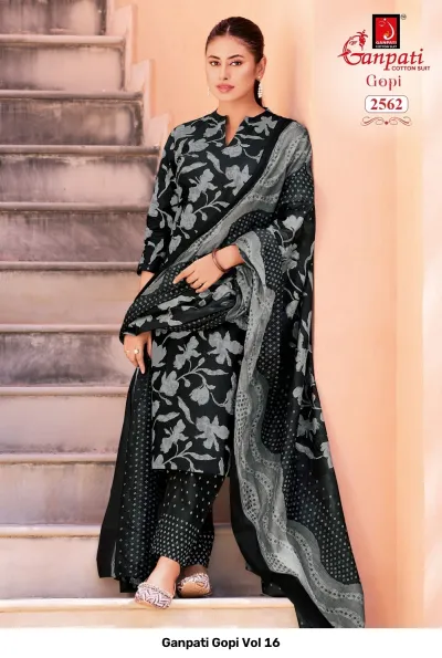 Ganpati Gopi Vol 16 black cotton salwar suit with grey floral print pattern.