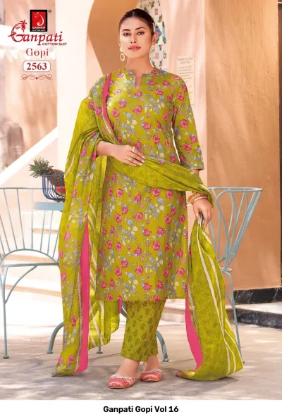 Ganpati Gopi Vol 16 lime green cotton salwar suit with pink and green floral print pattern.