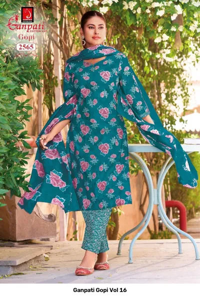 Ganpati Gopi Vol 16 teal green cotton salwar suit with pink rose floral print pattern.
