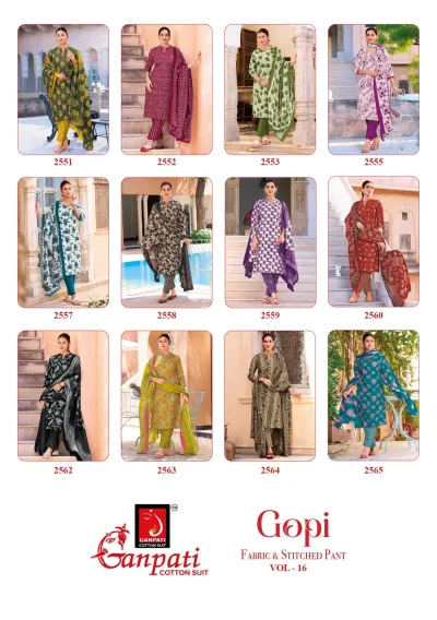 Ganpati Gopi Vol 16 catalog collage displaying multiple printed cotton salwar suit designs.