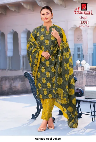 Ganpati Gopi Vol 16 olive green and yellow printed cotton salwar suit with floral patterns.
