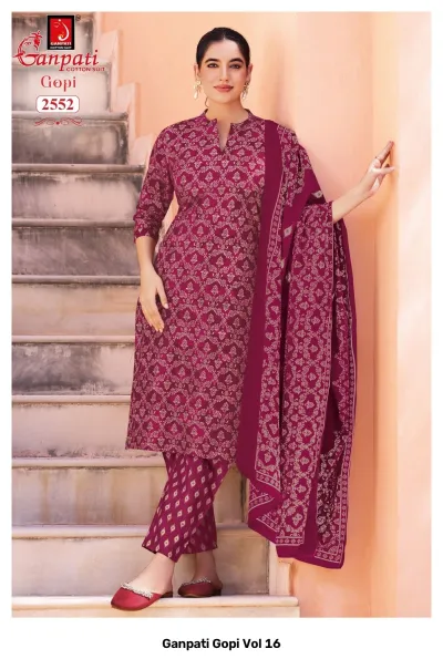 Ganpati Gopi Vol 16 maroon cotton salwar suit with all-over white floral print pattern.
