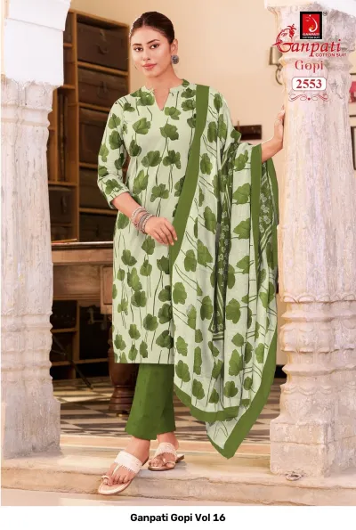Ganpati Gopi Vol 16 light green cotton salwar suit with dark green leaf print pattern.