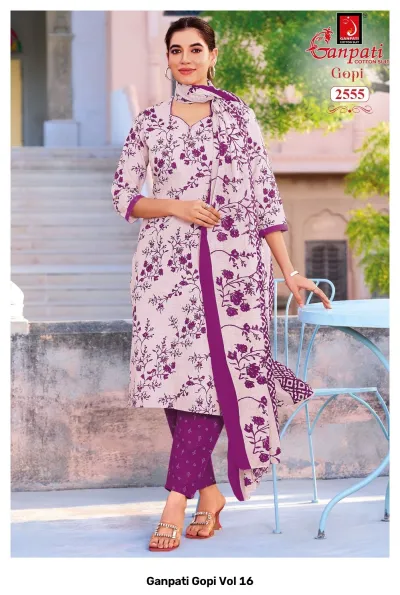 Ganpati Gopi Vol 16 light cream cotton salwar suit with purple floral print pattern.