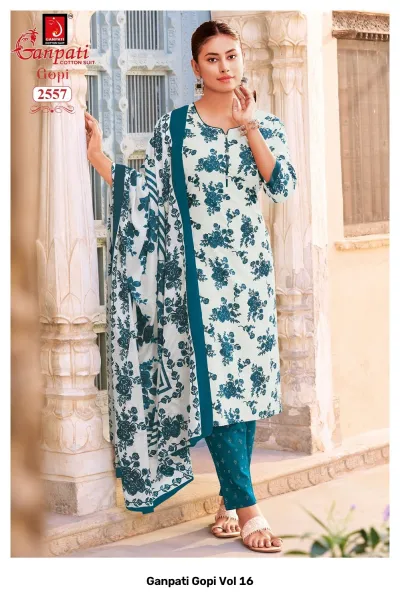 Ganpati Gopi Vol 16 white cotton salwar suit with dark blue floral print pattern.