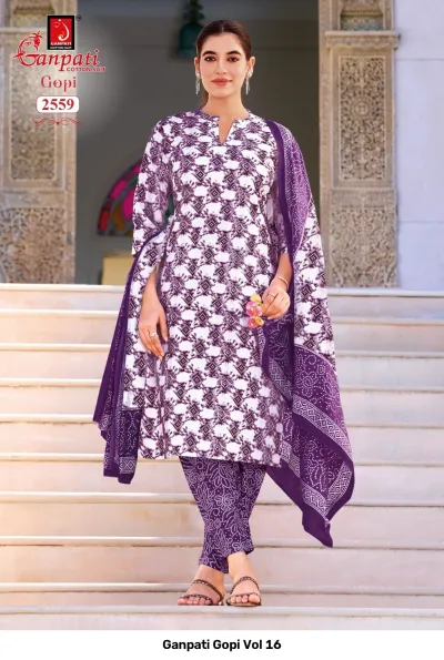 Ganpati Gopi Vol 16 white cotton salwar suit with purple abstract geometric print pattern.