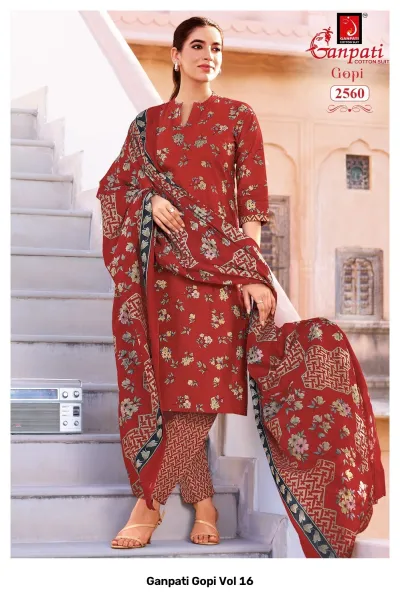 Ganpati Gopi Vol 16 red cotton salwar suit with multicolor small floral print pattern.