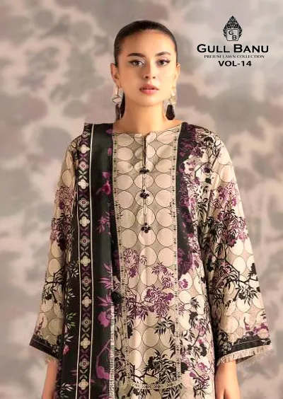 Gull Aahmed Gulbanu Vol 14: Beige and black printed kurta with a geometric and floral pattern, featuring a buttoned front placket.
