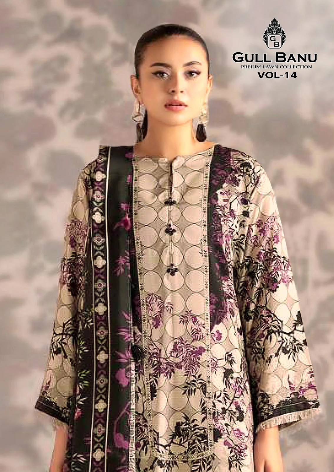 Gull Aahmed Gulbanu Vol 14: Beige and black printed kurta with a geometric and floral pattern, featuring a buttoned front placket.