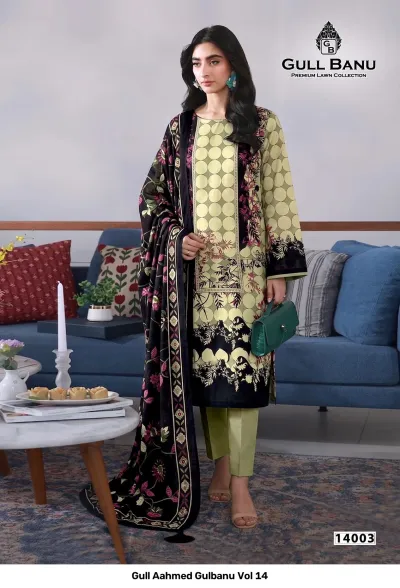 Gull Aahmed Gulbanu Vol 14: Light green and black printed kurta with a geometric circle pattern and a coordinated floral dupatta.