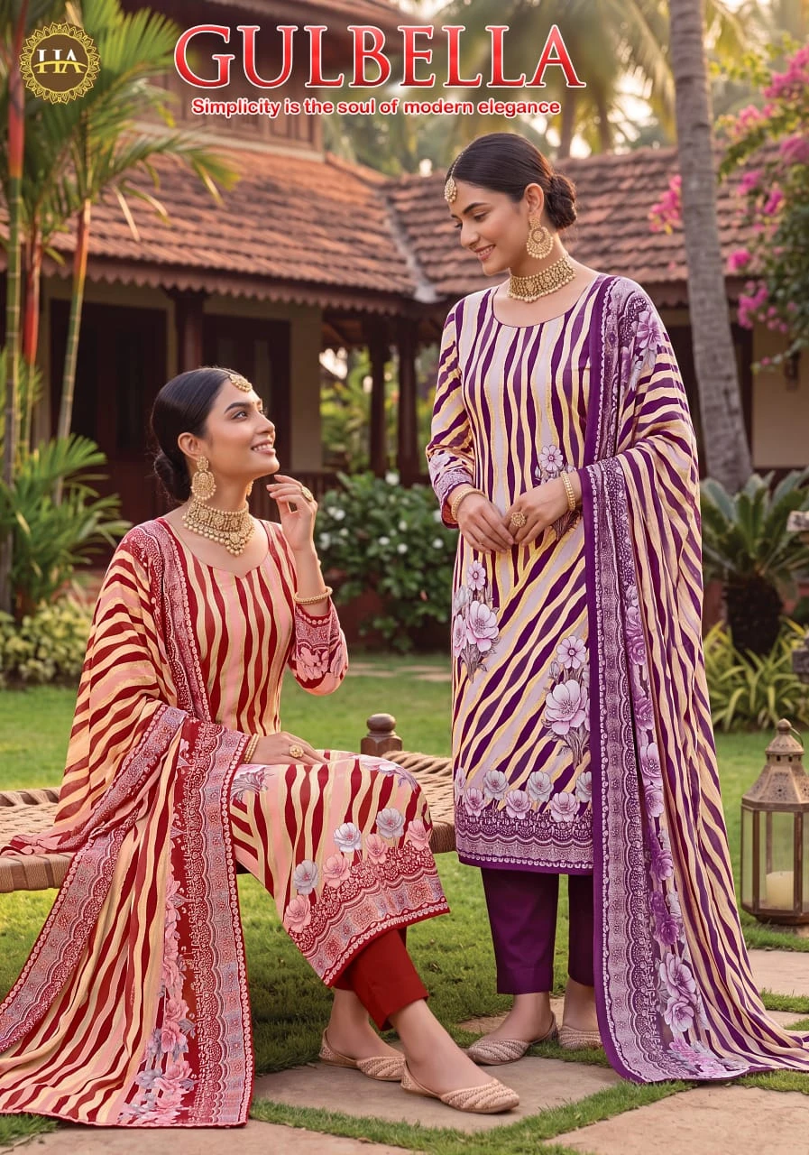 Harshit Gulbela: Two models wearing printed salwar suits with diagonal striped patterns, floral motifs, and dupattas in red/peach and purple tones outdoors.