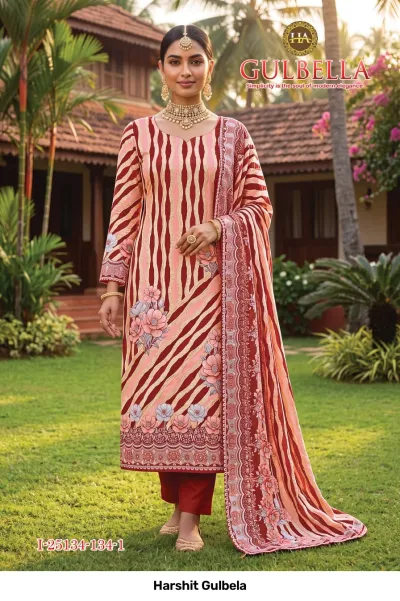 Harshit Gulbela: Model wearing a peach and maroon printed salwar suit with diagonal stripes, floral border patterns, and a matching dupatta.