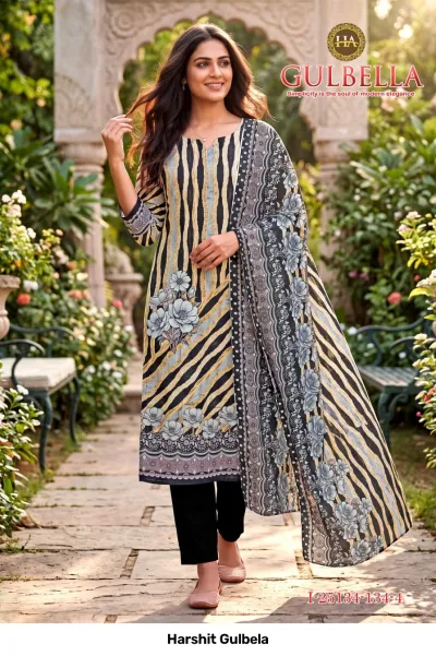 Harshit Gulbela: Model wearing a black, grey, and yellow printed salwar suit with diagonal stripes and floral details, styled with a dupatta.