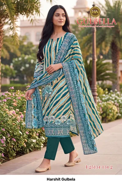 Harshit Gulbela: Model wearing a teal and gold diagonal striped printed salwar suit with floral accents and a matching printed dupatta.