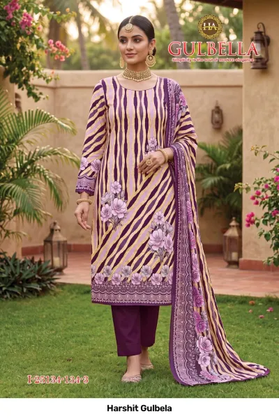 Harshit Gulbela: Model wearing a purple and yellow diagonal striped printed salwar suit with floral patterns and a matching dupatta.