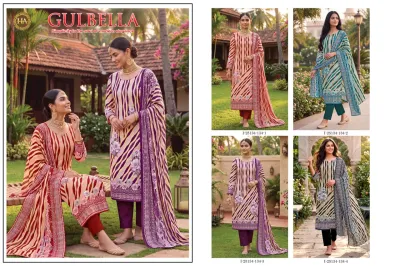 Harshit Gulbela: Catalog collage showcasing multiple models wearing printed salwar suit sets with diagonal stripes and floral details in various colors.