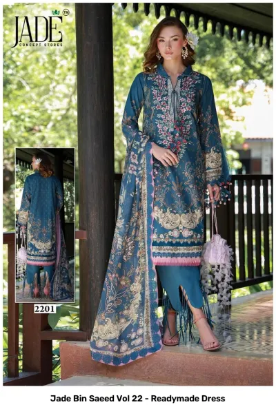 Jade Bin Saeed Vol 22 - Readymade Dress: A model in a blue printed kurti with floral designs, featuring thread work and tassel detailing on sleeves.