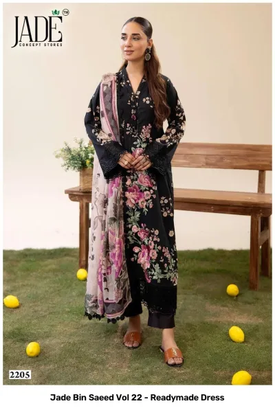 Jade Bin Saeed Vol 22 - Readymade Dress: A woman wearing a black floral printed kurti and matching trousers, featuring lace borders and elegant detailing.
