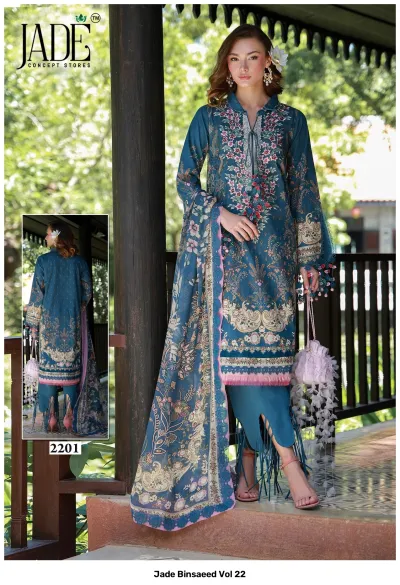 Jade Binsaeed Vol 22, teal blue printed cotton salwar suit with floral details, matching dupatta, and fringe hem trousers.