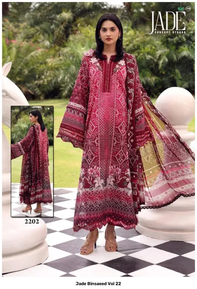 Jade Binsaeed Vol 22, maroon printed cotton salwar suit featuring intricate geometric and floral patterns with subtle thread work embellishments.