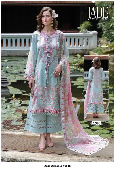 Jade Binsaeed Vol 22, light blue printed cotton salwar suit with detailed floral embroidery, tassels, and matching trousers with cutwork.