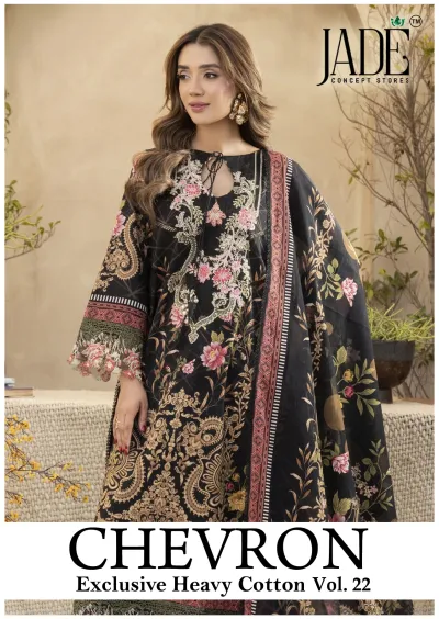 Jade Chevron Vol 22: Black salwar suit with floral prints, intricate embroidery, and a matching printed dupatta.