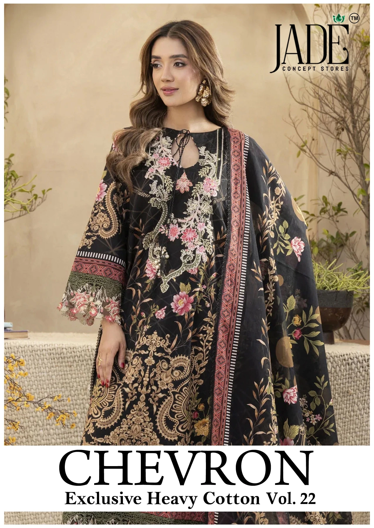 Jade Chevron Vol 22: Black salwar suit with floral prints, intricate embroidery, and a matching printed dupatta.