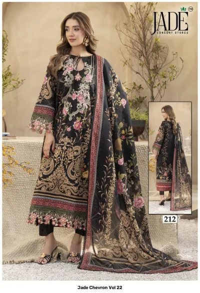 Jade Chevron Vol 22: Black cotton salwar suit featuring floral and paisley prints with embroidery and a matching dupatta.