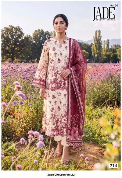 Jade Chevron Vol 22: Beige salwar suit with maroon floral print, embroidery, and a contrasting maroon dupatta.