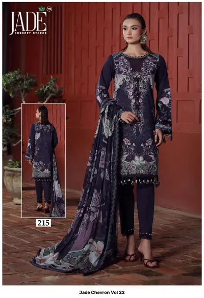 Jade Chevron Vol 22: Dark blue salwar suit with floral embroidery, bead embellishments, and a matching printed dupatta.