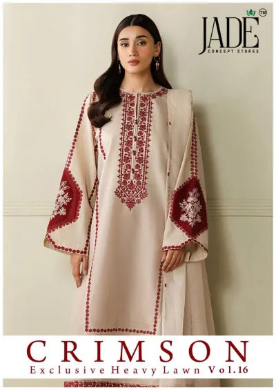 Jade Crimson Vol 16 - Readymade Dress: Off-white kurta with maroon thread work embroidery on neckline and sleeves, paired with a matching dupatta.
