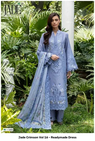 Jade Crimson Vol 16 - Readymade Dress: Light blue readymade suit with extensive intricate embroidery, cutwork details, and a matching floral printed dupatta.