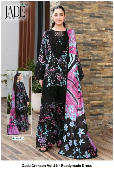 Jade Crimson Vol 16 - Readymade Dress: Black suit with vibrant floral print, black lace embellishments on the kurta, and a bold multicolor printed dupatta.