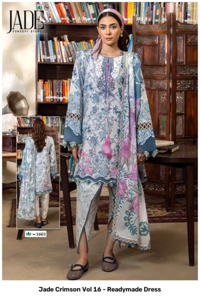 Jade Crimson Vol 16 - Readymade Dress: Light grey-blue floral printed readymade suit with tassel embellishments and a matching dupatta.