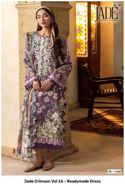Jade Crimson Vol 16 - Readymade Dress: Purple floral printed readymade suit with lace trim and tassel embellishments along the sleeves and hemline.