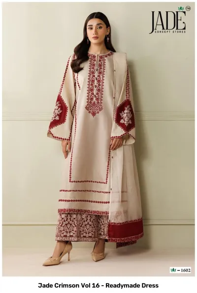 Jade Crimson Vol 16 - Readymade Dress: Off-white kurta with maroon thread work embroidery, paired with a patterned palazzo and matching dupatta.