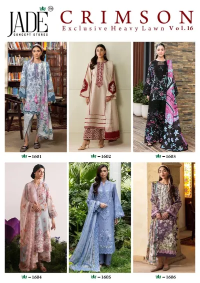 Jade Crimson Vol 16 - Readymade Dress: Catalog cover collage displaying six different models wearing various embroidered and printed readymade Pakistani style suits.