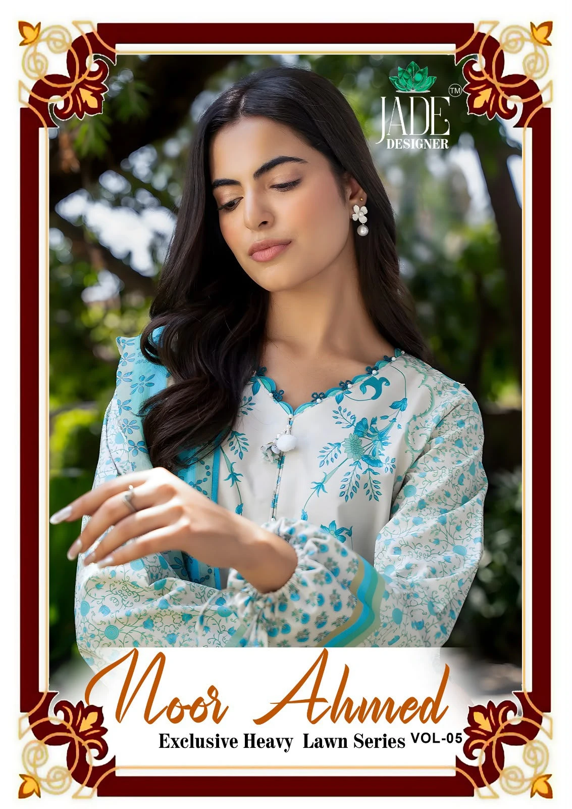 Jade Noor Ahmed Vol 5, catalog cover featuring various printed Pakistani suits with embroidery details.