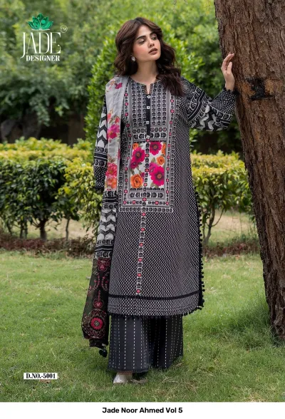 Jade Noor Ahmed Vol 5, black and white printed kurti with floral accents, palazzo pants, and embroidered dupatta.