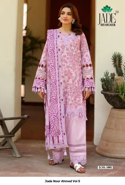 Jade Noor Ahmed Vol 5, lavender lawn kurti with floral print, scalloped hem, tassels, and matching trousers.