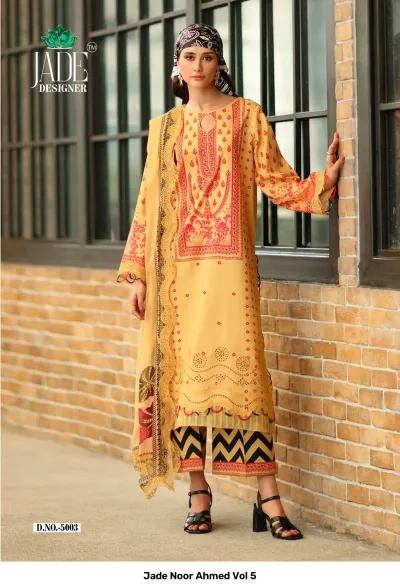 Jade Noor Ahmed Vol 5, yellow kurti with red geometric print, matching palazzo pants, and printed dupatta.
