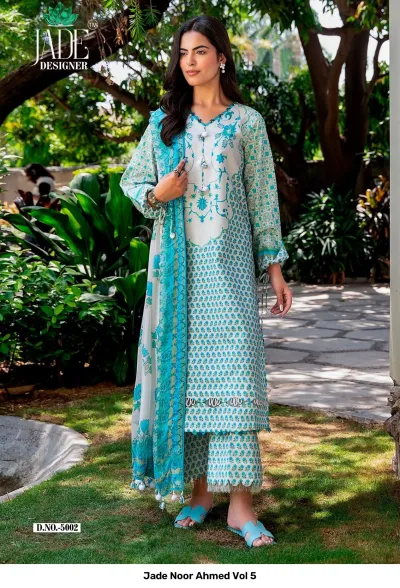 Jade Noor Ahmed Vol 5, light blue and white printed kurti with scalloped hem and matching wide-leg trousers.