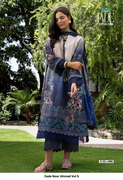 Jade Noor Ahmed Vol 5, navy and grey floral printed long kurti with palazzo pants and coordinating dupatta.