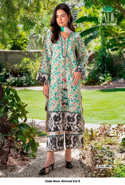 Jade Noor Ahmed Vol 5, cream kurti with green floral vines, black border print, and matching trousers.