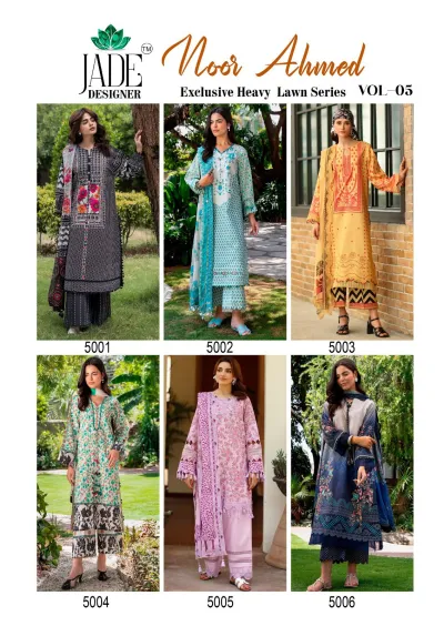 Jade Noor Ahmed Vol 5, catalog collage showing six different printed lawn Pakistani suit designs.