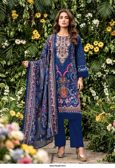 Jansi Faraah Vol 2 dark blue salwar suit with intricate floral print, thread work embroidery, and matching dupatta.