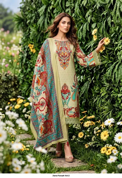 Jansi Faraah Vol 2 pale yellow salwar suit with colorful floral pattern, thread work embroidery, and patterned dupatta.