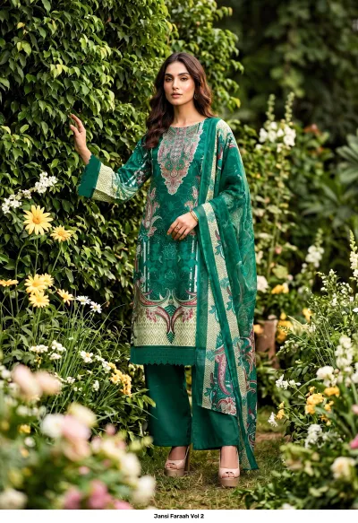 Jansi Faraah Vol 2 dark green salwar suit with elaborate printed pattern, thread work embroidery, and matching dupatta.