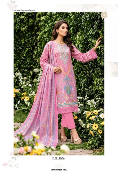 Jansi Faraah Vol 2 pink salwar suit featuring all-over print, delicate embroidery on the neckline, and lace-trimmed dupatta.